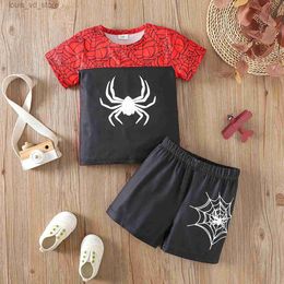 Clothing Sets 2pcs summer hot style boys and teenagers childrens clothing stitching spider print T-shirt + shorts fashion baby clothing set T240415