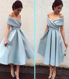 Tea Length Satin A Line Prom Dresses 2019 Off Shoulder Ruched Zipper Back Graduation Party Gowns3799903