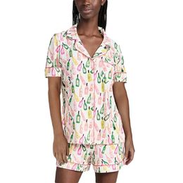 Womens Summer Pyjama Set Lapel Neck Button Down Short Sleeve Tops Elastic Waist Shorts Wine Bottle Print 2 Piece 240407