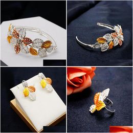 Earrings Necklace Jewellery Sets Flower Shape Long Bracelet Dubai Gold Set For Women Party Bridal Ring Drop Delivery Dh1J6