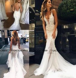 Pallas Couture 2019 Lace Floral Long Train Mermaid Beach Wedding Dresses Custom Make Vneck Full length Fishtail Bridal Wedding Go89777026