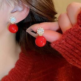 Stud Earrings Sweet Simulated Round Pearl Zircon Flower For Women Luxury Temperament Fashion Simple Jewelry