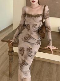 Casual Dresses Dress Party Night Women Elegant Sexy Mesh Printed Long Sleeve Slim Fit Birthday Y2K Mid-Length Robe Tight