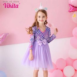 Girl's Dresses VIKITA Girls Perform Mermaid Dress Children Princess Tutu Dress Toddlers Prom Gown Kids Birthday Party Dresses with Bow Knot T240415