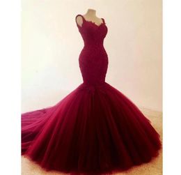 Pretty Backless Wiine Red Mermaid Evening Dresses 2021 Lace Beaded Long Prom Pageant Gowns Lace Appliqued Runway Dress Vestido De 5730522