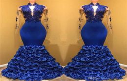 Royal Blue Rose Flowers Bottom Prom Dresses Mermaid Sheer Long Sleeve Lace Appliques Evening Prom Gowns Custom Made Zipper Back Dr9036595