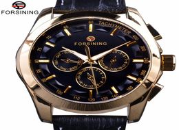 Forsining 2017 Retro Fashion Designer Three Dial Decoration Genuine Leather Golden Men Luxury Brand Automatic Mechanical Watches2050091