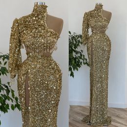 2024 Gold Prom Dresses for Black Women High Neck One Shoulder Sequined Lace Illusion Side Split Beading Tassel Birthday Party Dress Second Reception Gowns AM568