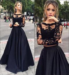 2019 Black Lace Top Two Pieces Prom Party Dresses with Long Sleeves Sexy Sheer Floor Length Evening Dresses Cheap Formal 3896137