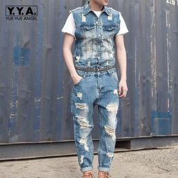 Mens Personality Removable Zipper Waist Jumpsuit Hole Ripped Jeans Sleeveless Romper Washed Denim Overalls Pants Trousers 2XL 240411