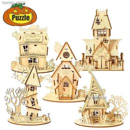 3D Puzzles URY New 3D Wooden Puzzle Halloween Holiday Gift Ghost Tree House DIY Model Assembly Craft Kits Desk Decoration For Kids Y240415