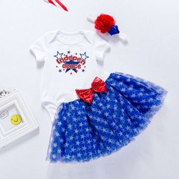 Dia da Independência Novo vestido de festas para festas de bebê com letras de manga curta