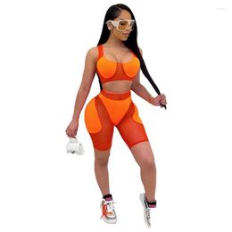 Womens Tracksuits Y Patchwork Mesh Biker Shorts 2 Piece Set Woman Tracksuit Sleeveless Tank Crop Top Summer Club Outfits Matching Drop Dhnr8