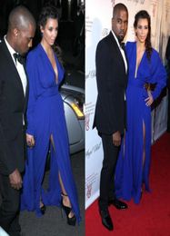 Kim Kardashian Deep V Neck Long Sleeve Royal Blue Side Slit Floor Length Red Carpet Celebrity Dresses Evening Gowns Prom Gowns Ele4664731