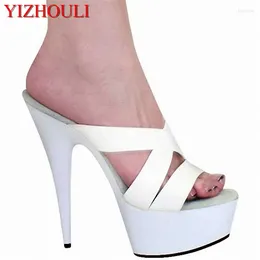 Slippers 6 Inch High Heel Sandals Platform Fashion Black Patent Leather Women Dress Sexy 15cm Shoes