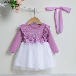 Spring and Korean Autumn Girls' Dress with Western Embroidery, Bow Knot, Ruffle Edge Spliced Long Sleeved Princess Dress Hair Accessories Set