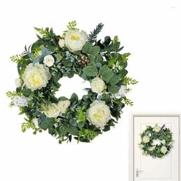 Decorative Flowers Peony Wreath 51cm/20.07in Artificial With Green Leaves White Flower Hanging Decorations Welcome Wreaths For Front