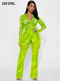 Women's Two Piece Pants Neon Mesh Print Sets Single Breasted Polo Neck Full Sleeve Basic Tops Bodycon Bell Bottom Long Legging Y2k