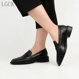 Dress Shoes Plus Size 34-43 Genuine Leather Women Fashion Loafers Moccasins Square Toe Slip On Embossed Oxford Low Heels