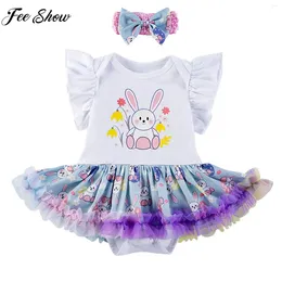 Girl Dresses Infant Girls Easter Costume 1st Birthday Baptism Wedding Party Dress Short Sleeve Print Rompers Tutu With Headband Set