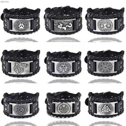 Other Bracelets Punk Braided Rope Alloy Bracelet Wristband Adjustable Genuine Leather Bracelet Mens Leather Viking Totem Wristbands Wide BangleL240415