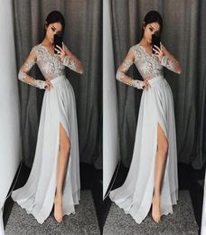 2018 Sliver Prom Dresses V Neck Long Sleeves Lace Appliques Sexy Side Split Evening Gowns Arabic Cheap Prom Party Dress4703323