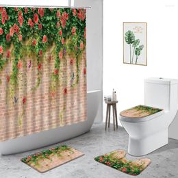 Shower Curtains Garden Flower Plant Curtain Home Decoration Pastoral Theme Bathroom Four-Piece Non-Slip Carpet Toilet Cover Bath