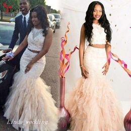 Beautiful Two Pieces Mermaid Prom Dress Cream Fuchsia Ruffle Backless Black Girls Women Wear Special Occasion Dress Evening Party 6892436