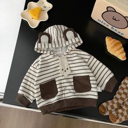 Jackets Korean Spring 2024 Baby Boys Hoodies Cotton Striped Hooded Pocket Cartoon Infant Coat Long Sleeve Toddler Jakcet