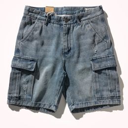 Shorts for denim mens tooling cats whiskers straight pants old retro pants versatile multi-bag pants. 240412