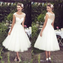 2024 Vintage Short Tea Length Wedding Dresses Sheer Neck Tulle Lace Applique Cheap Garden Wedding Gown