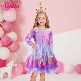 Girl's Dresses VIKITA Winter Princess Dress 2024 Long Sleeve Kids Birthday Party Prom Dress For Girls Irregular Layer Mesh Children Tutu Dress T240415