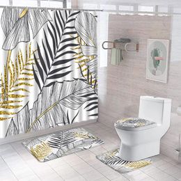 Shower Curtains 4pcs Set Palm Tree Leaves Curtain Fabric Golden Green Plant Leaf Bath Flannel Anti Slip Mat Toilet Cover Rug