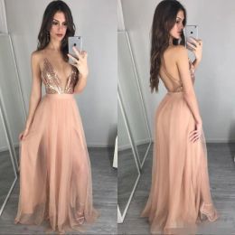 2024 Newest Rose Gold Sequins Evening Dresses Sexy Plunging V Neck Floor Length Tulle Backless Spaghetti Straps Formal Prom Party Gowns