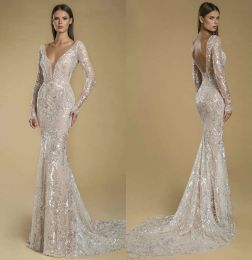 2024 Mermaid Wedding Dresses V Neck Long Sleeve Bridal Gowns Custom Made Backless Lace Applique Sequins Sweep Train Wedding Dress