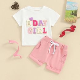 Clothing Sets Toddler Baby Girl Birthday Clothes Set Short Sleeve Letter Embroidery Tops With Solid Colour Shorts Outfit