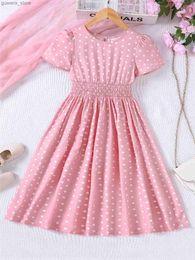 Girl's Dresses Girls Summer New Pink Dot Design Extended Big Childrens Dress For Home Wear And Casual Style Dress Y240415