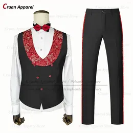 Men's Suits Classic Black Suit Set For Men Formal Party Custom Fashion Jacquard Lapel Vest Pants Two Pieces Wedding Grooms Slim Fit Costumes