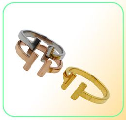 316L Stainless Steel fashion double T ring Jewelry for woman man lover rings 18K Goldcolor and rose Jewelry Bijoux no have any lo5912380