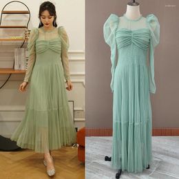 Party Dresses Ankle Length Pleated Tulle Swing Evening Dress Drop Ship Round Neck Custom Made Long Lantern Sleeves Plus Size A Line Prom
