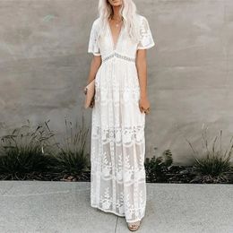 Happie Queens Summer Women Lace Embroidery Long Sleeve Vneck White Chiffon Beach Dress Lady mesh Patchwork Boho Dresses 240415