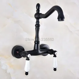 Bathroom Sink Faucets Black Oil Rubbed Brass Basin Faucet Wall Mounted Dual Handles Swivel Spout Cold Water Mixer Tap Lnf825