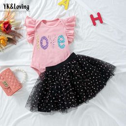 Valentine's Day Baby Girl Dress Set with Western Printed Letters Flying Sleeves Sweetheart Half Skirt Set of 2 Party Dresses