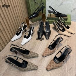 24SS Dress Shoes Slingback High Heels Lace Up Shallow Cut Shoes Sandals Mid Heel Black Mesh with Crystals Sparkling Print Shoes Rubber Leather Ankle Strap Women Slipp