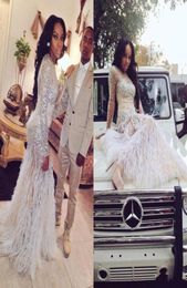 Luxury Feathers Prom Dresses Arabic Dubai Formal Crystal Gowns Vestidos De Festa Mermaid Long Sleeves Evening Party Gowns5522480