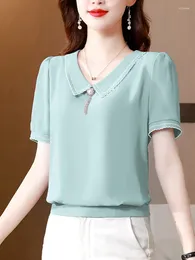 Women's T Shirts Satin Blouse Women Turn-down Collar Short Chiffon Blouses Solid Splicing Tops 2024 Summer Fashion Laides