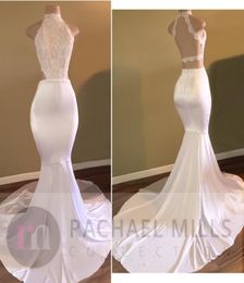 New Halter High Neck White Prom Dresses Criss Cross Backless Mermaid Lace Top Satin Long Train Evening Gowns Formal Robe de so5193610