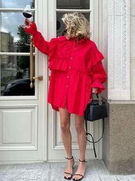 Casual Dresses Mueyaruho Winter Spring 2024 Women Solid Red Mini Shirt Dress Office Ladies Ruffles Long Sleeve Loose Fit For