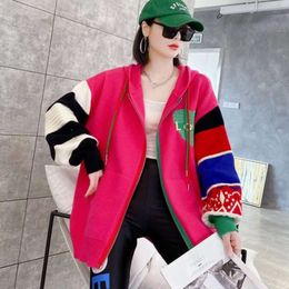 Wind Autumn Winter New Color Contrast Love Lazy and Loose Casual Zippered Sweater Jacket Knitted Cardigan Trend