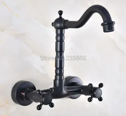 Bathroom Sink Faucets Black Oil Rubbed Bronze Kitchen Faucet Wall Mounted Double Handle Basin Mixer Tap Lnf813